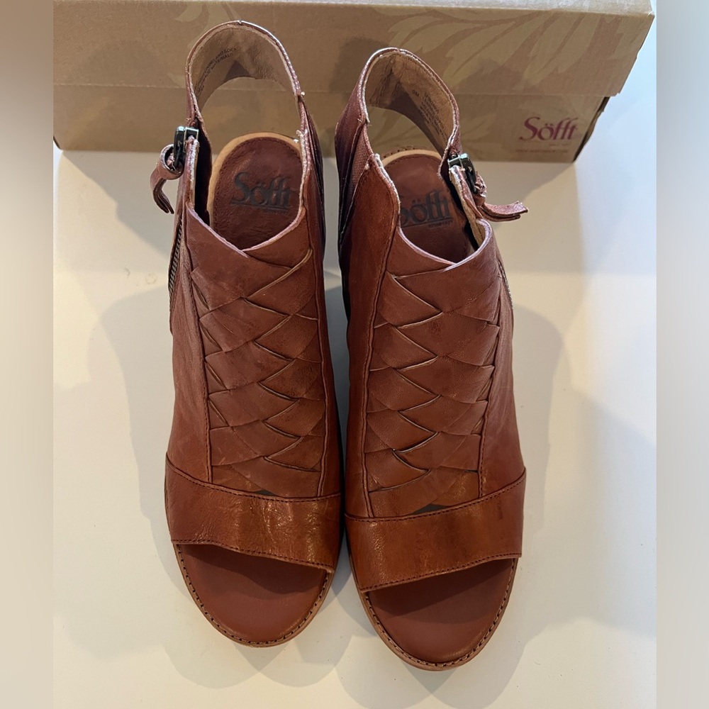 Sofft | McKenna Women’s Open-Toe Woven Leather Booties - Cognac